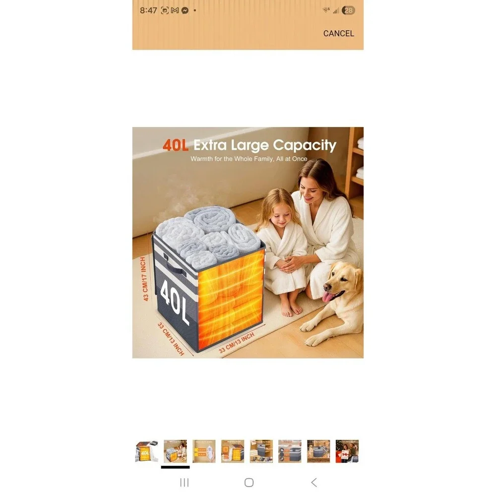 Foldable Towel Warmer 40L Lg Capacity for Oversized Towels, Robes & Blankets SPA